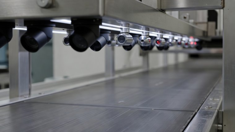 Shallow-focus close-up of overhead barcode camera array and photo-eye sensors above a parcel induction belt