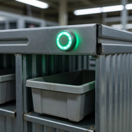 Close-up of digital put-to-light LED confirmation button mounted above a corrugated parcel sorting cubby