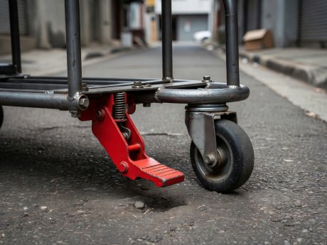 Close-up of red foot-actuated floor lock and swivel castor on an urban delivery roll cage