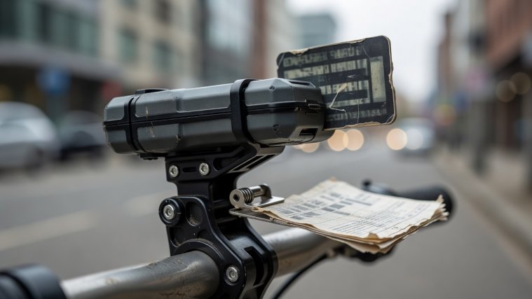 Shallow-focus close-up of a weather-resistant handlebar mount holding a ruggedized terminal and zone manifest tag