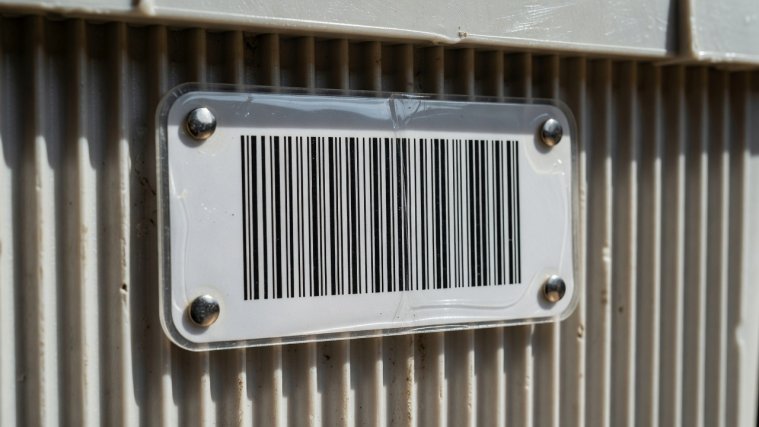 Extreme close-up of a durable laminated License Plate Number barcode tag rivetted to a fluted polypropylene delivery tote