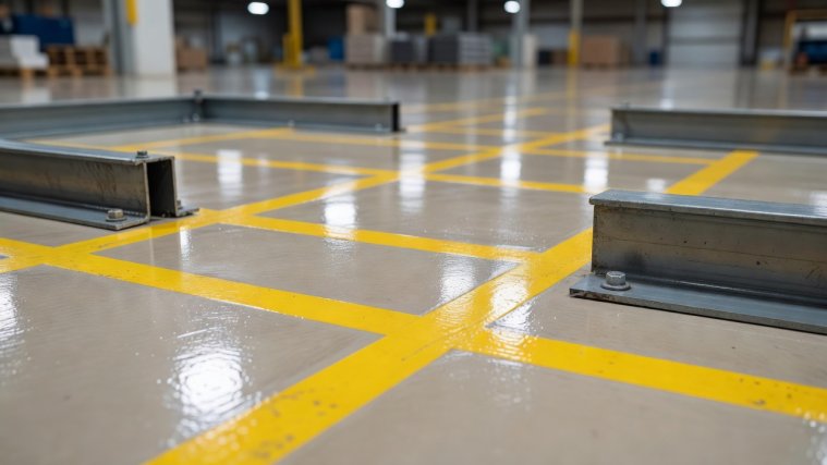 Shallow-depth close-up of epoxy warehouse floor markings and steel wheel guides for staging roll cages